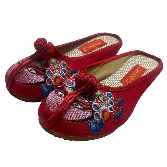 Women's Backless Embroidered Owls Print Chinese Style Slip-on Flat Slippers - Picture 2 of 8